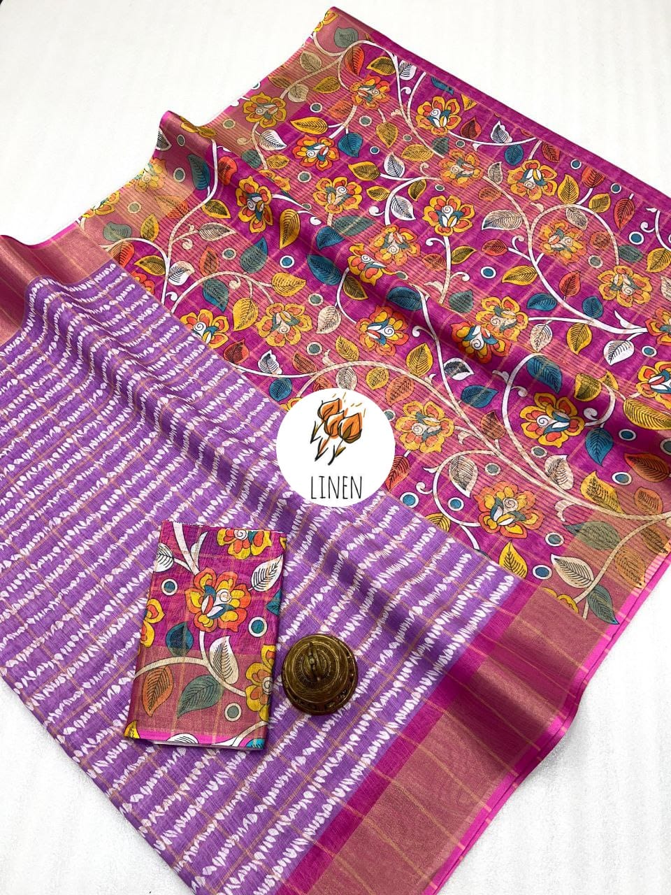 MG 526 Linen With Gold Digital Printed Surat Saree Wholesale Market